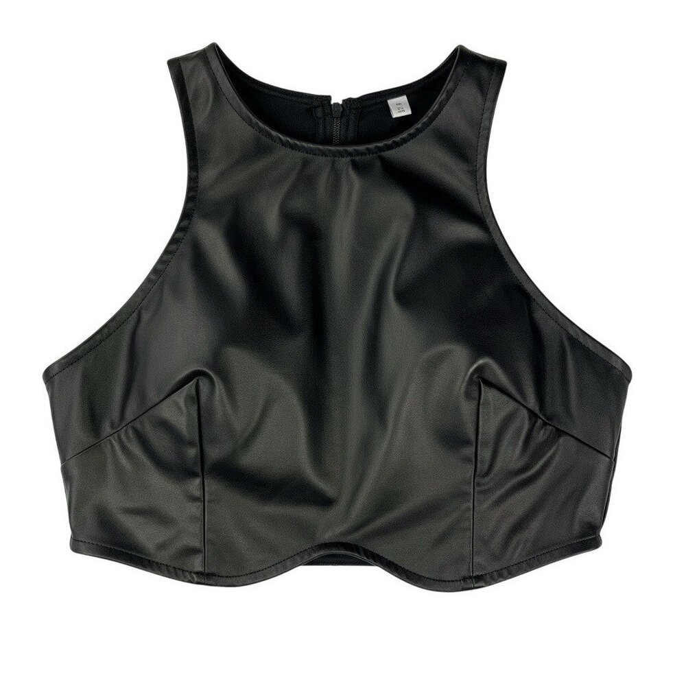 Black Faux Leather Corset Style Crop Top Sleeveless Underbust Size M - Picture 3 of 11